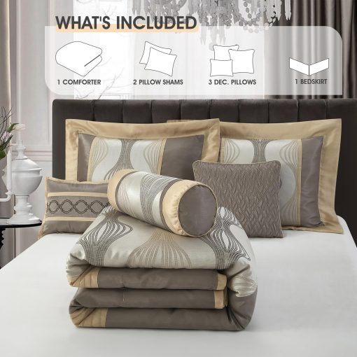 Juego de Edredon LANCO MODERN LIFESTYLE Queen, Gris Oro, 7 Piezas en un Paquete, Jacquard Ultra Suave con Trabajo de Piezas Solidas, Juego de Cama de Lujo con Edredones, Falda de Cama, Fundas de Almohada y Almohadas Decorativas - Imagen 4