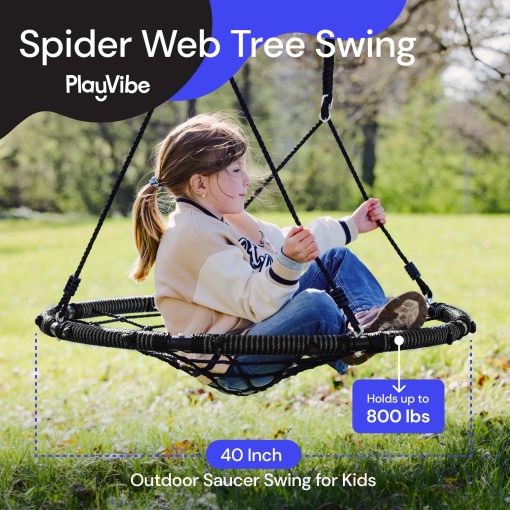 Columpio de arbol de Telaraña PlayVibe - Columpio Redondo de 40 Pulgadas para Niños al Aire Libre - Columpio con Capacidad de Peso de 800 lb, Tela Impermeable de Oxford 900D y Correas de Colgar (Negro) - Imagen 2
