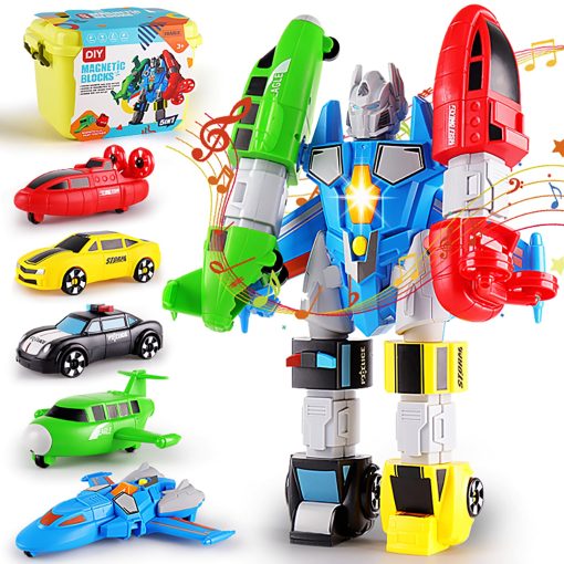 Juego de Vehiculos Magneticos QUERCITRON 5 en 1, Transformable a Robot, Kit de Figuras de Accion para Ensamblar y Mezclar con Caja de Almacenamiento, Regalo de Cumpleanos y Navidad para Ninos y Ninas de 3 a 7 Anos