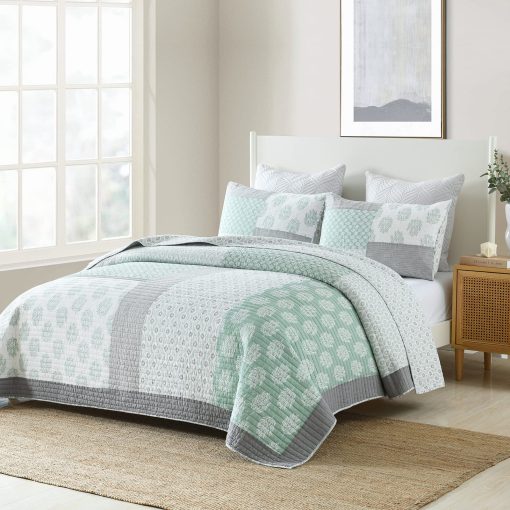 Edredon Queen Size Y-PLWOMEN, 100% algodon, suave y ligero, colcha de cama verde gris blanco, colcha reversible de patchwork, juego de ropa de cama para todas las estaciones, 3 piezas - Imagen 2