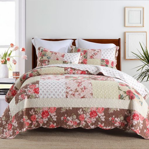 Juego de Edredon de Algodon Travan Real Patchwork de Lujo, Juego de Ropa de Cama de Rosas, Tamano King