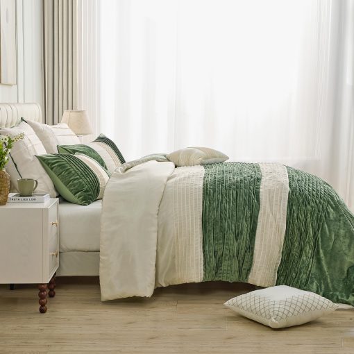 Maravilloso Set de Edredon de Terciopelo King Size de Seda Artificial - Juego de Cama de 3 Piezas Plisado a Rayas de Lujo, Ligero y Acogedor, Sensacion de Algodon, Juego de Ropa de Cama de Navidad Suave y Esponjoso (Verde Menta, King) - Imagen 3