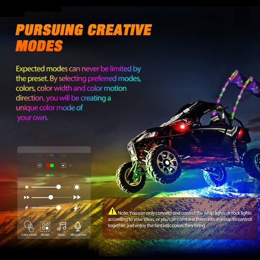 Nilight 2PCS 4FT RGB Luces de latigo LED y 4 PCS RGB Luces de roca Combo, Control Remoto y de la Aplicacion con Patrones de Seguridad de Luz de Parada de Giro de Persecucion DIY Luces Iluminadas de Antena para ATV UTV, Garantia de 2 Anos - Imagen 4