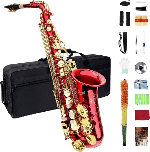 Saxofon Alto Eb, Saxofon para Principiantes, Saxofon Alto, Saxofon para Principiantes, Saxofon para Estudiantes, Saxofon Alto Profesional, Saxofon para Adultos, Saxofon para Principiantes, Saxofon (Rojo)
