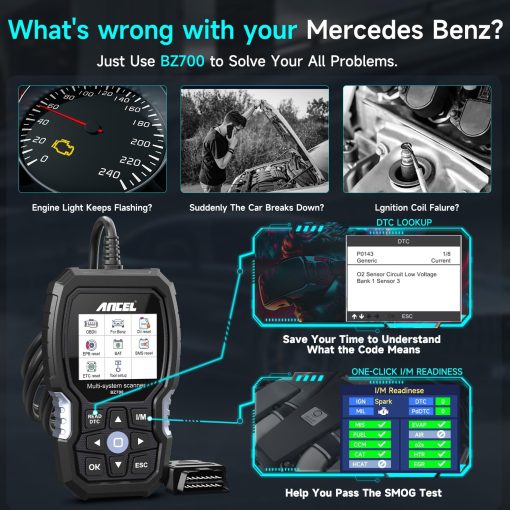 ANCEL BZ700 Escaner OBD2 para Mercedes Benz Sprinter Smart, Herramienta de diagnostico de codigos de coche de sistema completo con todos los servicios de reinicio, registro de bateria, ABS Bleed Airbag EPB Oil SAS TPS CKP Active Test - Imagen 4