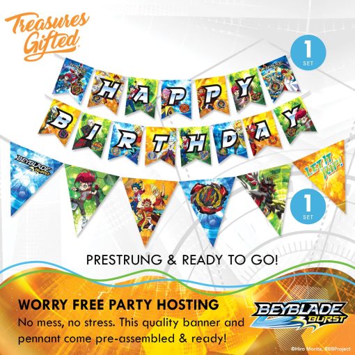 Juego de fiesta oficialmente autorizado de BEYBLADE BURST de Treasures Gifted - Sirve 16 invitados Set definitivo de suministros para fiestas BEYBLADE - Suministros para fiestas de cumpleaños de BEYBLADE - Manteles, platos, pancarta y mas de BEYBLADE - Imagen 4