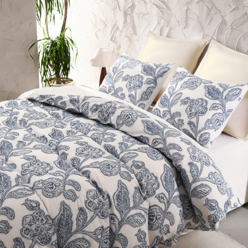 Juego de Edredon de Jacquard Clipped de Algodon Meadow Park de 5 Piezas, Tamaño Queen, Juego de Ropa de Cama de Estilo Shabby Chic, Azul