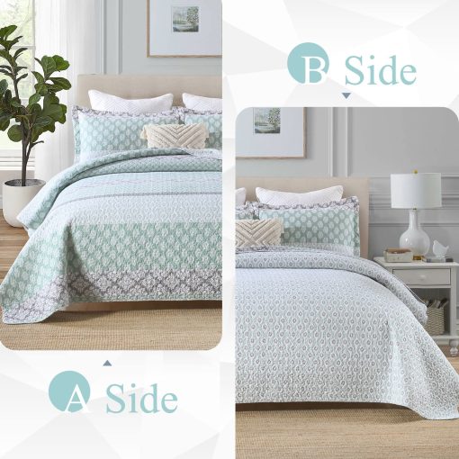 DDUOXIN Colchas Florales Tamaño Queen - 100% Algodon Reversible Colcha Queen con 2 Fundas de Almohada, Colchas Queen Livianas Juego de Cama, Verde/Gris, Queen - Imagen 6
