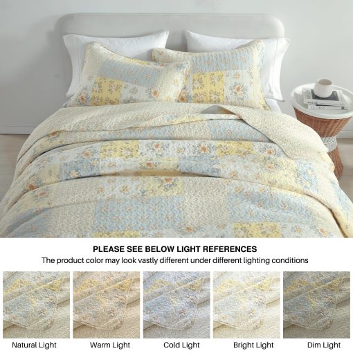 Colcha de Rey Sobredimensionada DDUOXIN (120"x120") - 100% Algodon Reversible con Estampado Floral Acolchado, Fundas de Almohada, Juegos de Colchas Ligeras Estilo Granja, Amarillo, Rey/ Cal King - Imagen 7