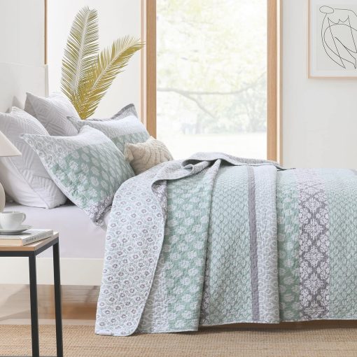 DDUOXIN Colchas Florales Tamaño Queen - 100% Algodon Reversible Colcha Queen con 2 Fundas de Almohada, Colchas Queen Livianas Juego de Cama, Verde/Gris, Queen - Imagen 2