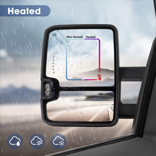 Espejo de remolque para Silverado Sierra - Espejo de remolque Chevy Silverado GMC Sierra 2007-2013 con vidrio calefactado de ajuste electrico, luz de senal de giro, lampara de respaldo extensible, par pintado en negro 8555 - Imagen 5