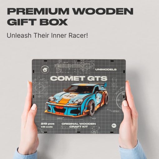Rompecabezas de madera original UNIDRAGON para adultos Unimodels Comet GTS Azul-Naranja 219 piezas, modelo de coche de madera ensamblado, caja de regalo de madera, piezas con formas - Imagen 6