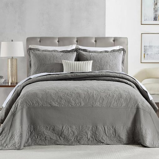 Colcha de Cama King Extra Grande 120"x120" - 100% Algodon Colcha Acolchada King/Cal King con Bordado de Vides, Juego de Colcha Gris Solido, Suave y Ligera Colcha Extra Grande con 2 Fundas de Almohada - Imagen 2