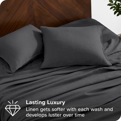 Juego de Sabanas Twin de Bare Home - Juego de Sabanas de Cama Twin de Lujo 100% Lino - Bolsillos Profundos - Ajuste Facil - Juego de 3 Piezas - Sabanas de Cama & Fundas de Almohada (Twin, Gris Oscuro) - Imagen 3