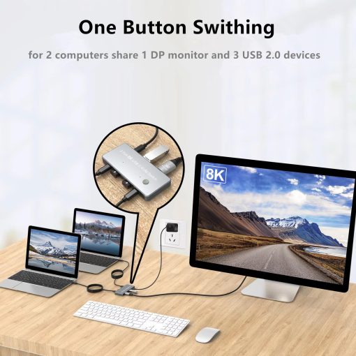 Switch KVM USB Tipo-C 8K 2 en 1, 2 USB-C a 1 DP Switch KVM para 2 Laptops Comparten 1 Monitor DisplayPort, Teclado y Raton, Soporta Resolucion de 8k@30hz, 4k@60hz, 4k@144hz, Plateado - Imagen 4