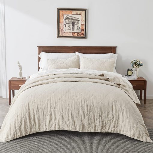 Juego de Edredon de Lino SiMBOLO DE VICTORIA Tamano King-3 Piezas Cubrecamas de Cama, Colchas de Todas las Estaciones, Cubrecamas de Lino Lavado y Relleno de Bambu, Colcha Acolchada - Imagen 2