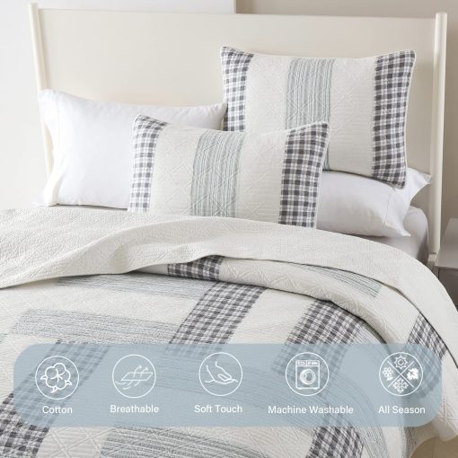 Colcha Queen Size Finlonte 100% Algodon Suave y Ligera Verdadero Patchwork Plaid Colcha Acolchada Conjunto de Ropa de Cama en Blanco Gris Negro 3 Piezas - Imagen 4