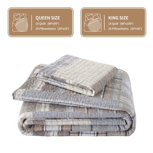 Colcha de algodon KALOOLA 100% algodon tamano queen, juego de cama de colcha a cuadros marron tamano queen 3 piezas, colchas ligeras de estilo granja para todas las estaciones, 1 colcha 2 fundas de almohada - Imagen 5