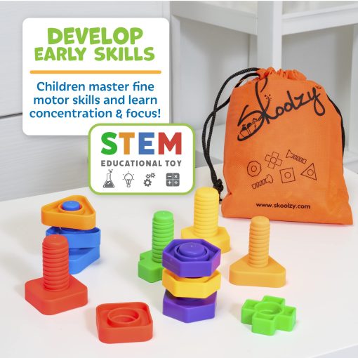 Set de 24 piezas de Tuercas y Tornillos de Plastico Skoolzy - 6 paquetes - Juguetes de Ingenieria para Niños - Juguetes de Tornillos para Niños con libro electronico - Imagen 4