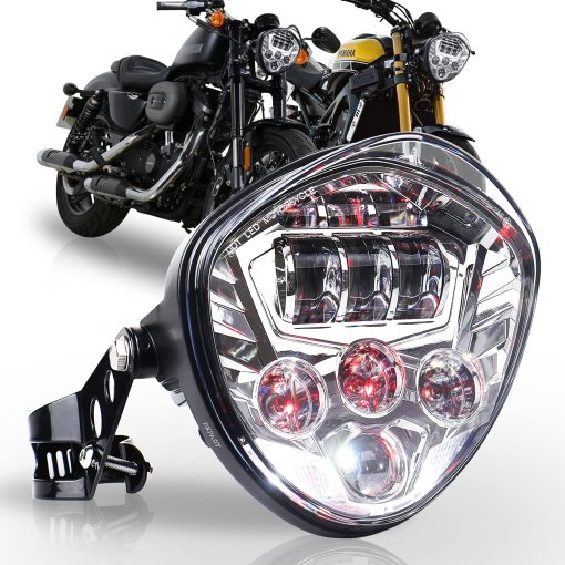Faros Delanteros de Motocicleta LED 7 Pulgadas Hi Lo Beam Blanco y Rojo DRL con Soportes Universales de Montaje para Motocicleta Compatible con Harley Honda Kawasaki Suzuki Yamaha
