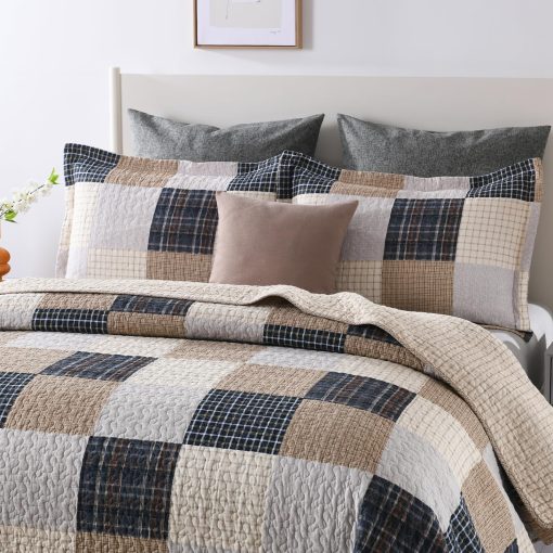 Colchas Queen Size de Granja Y-PLWOMEN - 100% Algodon Colcha de Cuadros Queen con 2 Fundas de Almohada, Colchas de Cama Acolchadas Transpirables, Juego de Ropa de Cama, Marron Beige, Queen (90 * 98 Pulgadas) - Imagen 3