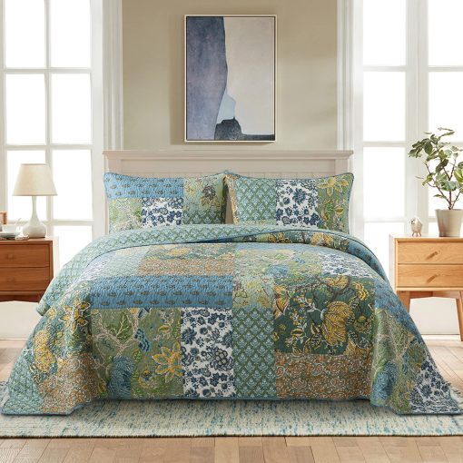 Colcha de Patchwork de Algodon NEWLAKE, Juego de Colcha de 3 Piezas con Bordado Real Cosido a Mano, Juego de Cubrecamas Matelasse Reversible, Verde Jardin de Granja, Tamano King