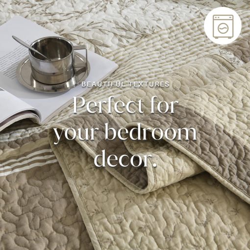 Colcha de Cama Queen de Algodon Oversized FineStichery 120"x102", Juego de Colcha a Rayas Marron Beige con Fundas de Almohada, Ligero y Reversible, Todas las Estaciones, 3 Piezas - Imagen 7