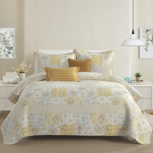 Colcha Edredon Extra Grande FineStichery 128"x120" - 100% Algodon Cal King, Ligera Reversible, Colcha Floral, Juegos de Cubrecamas XL, Amarillo - Imagen 3