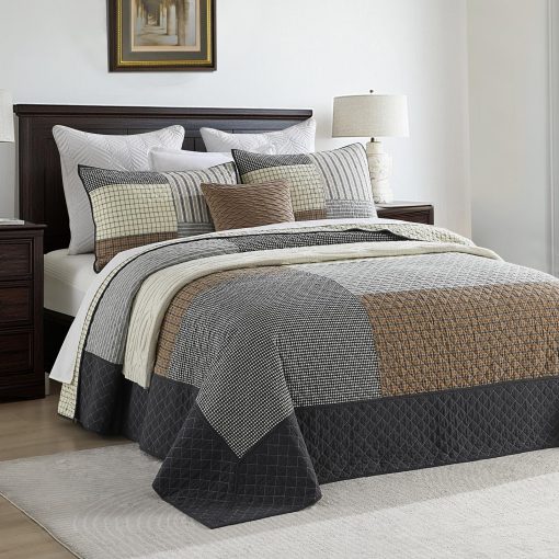 SahSahCasa 100% Algodon 128"x120" Colcha Cubrecama Edredon Cal King XL, Juego de colcha oversized Cal King, Colcha Acolchada Grande, Colcha Patchwork Plaid Ligera, Marron/Crema/Gris