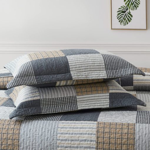 Colcha Escocesa King Size - 100% Algodon Colcha de Granja King con 2 Fundas de Almohada, Colcha Transpirable Ligera Juegos de Edredones Rellenos de Cama, Gris Marron, King(98 * 106 Pulgadas) - Imagen 7