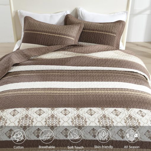 Colcha de cama de algodon 100% tamano Queen extragrande - 102"x120" Juego de colchas reversible con estampado a rayas marron, edredon ligero, cubrecamas transpirable de estilo campestre, marron/beige - Imagen 4