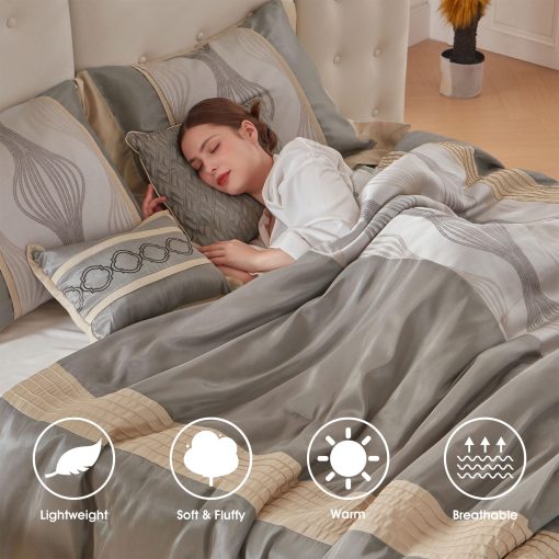 Juego de Edredon LANCO MODERN LIFESTYLE Queen, Gris Oro, 7 Piezas en un Paquete, Jacquard Ultra Suave con Trabajo de Piezas Solidas, Juego de Cama de Lujo con Edredones, Falda de Cama, Fundas de Almohada y Almohadas Decorativas - Imagen 2