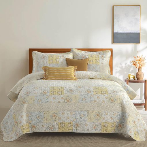 Colcha QuiltEase Oversized King - 120" Lx128 W Extra Ancho - 100% Algodon Ligero Floral Cuadros Juego de Colchas - Granja Reversible Super Colcha King - 3 Piezas - Amarillo/Blanco Crema