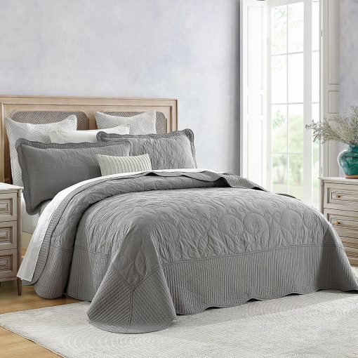 SahSahCasa 100% Algodon 120"x102" Colcha de Cama Queen Extra Grande, Edredon, Colcha Cubrecama Queen XL, Conforter Ligero, 3 Piezas, Gris - Imagen 2