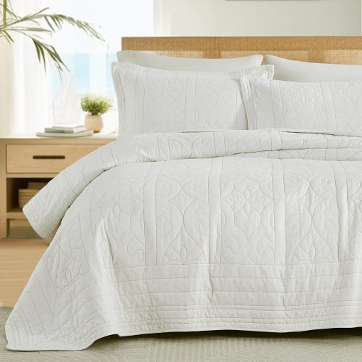 Juego de Edredon 100% Algodon PANGUSHAN Tamano King, Juego de Ropa de Cama con Patron de Bordado, Colcha Ligera de Estilo Granja, Blanco Beige Colcha Reversible para Cama King, 3 Piezas
