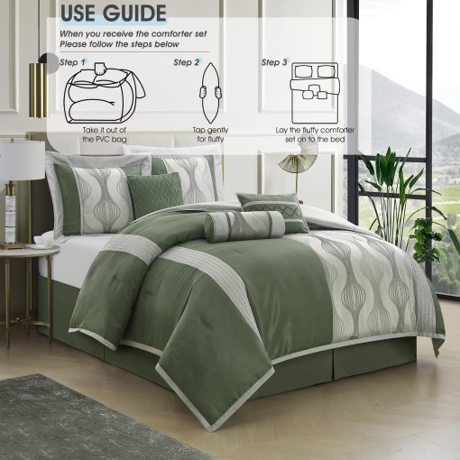 Juego de Edredon para California King LANCO MODERN LIFESTYLE, Verde, 7 Piezas en una Bolsa, Suave Jacquard con Pieza Solida, Juego de Cama de Lujo con Edredones, Faldon de Cama, Fundas de Almohada y Cojines Decorativos - Imagen 7