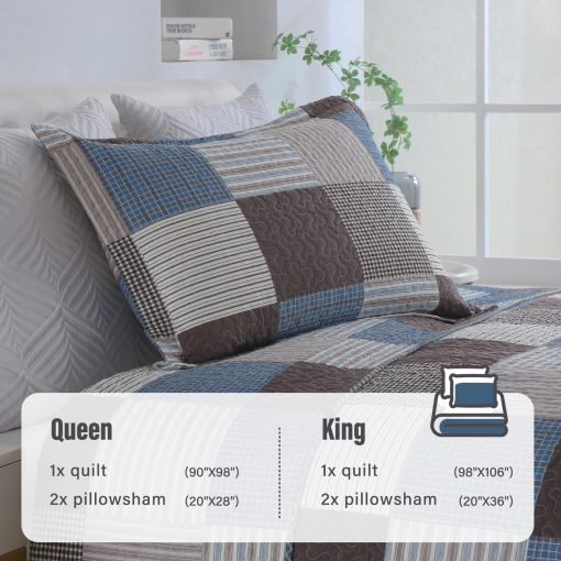 Colcha de cuadros para cama Queen Size Y-PLWOMEN - 100% algodon, colcha de algodon ligera y transpirable con 2 fundas de almohada, juego de ropa de cama, azul marron, Queen (90 * 98 pulgadas) - Imagen 5