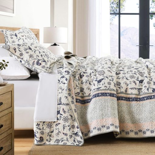 Colcha Acolchada Extra Grande KALOOLA 120x102, 100% Algodon Colchas de Cama Tamaño Queen, Ligera Reversible Cubrecama Edredon Set con Fundas de Almohada, 3 Piezas, Azul Marino Marron - Imagen 3