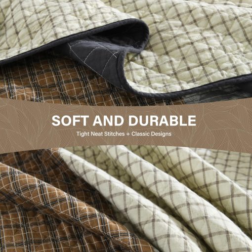 SahSahCasa 100% Algodon 128"x120" Colcha Cubrecama Edredon Cal King XL, Juego de colcha oversized Cal King, Colcha Acolchada Grande, Colcha Patchwork Plaid Ligera, Marron/Crema/Gris - Imagen 5