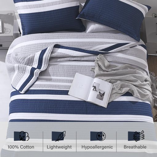 Edredon Queen Size a rayas azul marino PERHOM, Edredon Queen de algodon 100% con 2 fundas, Colchas/Colcha/Conjunto de ropa de cama Queen ligero para todas las estaciones, 3 piezas - Imagen 4