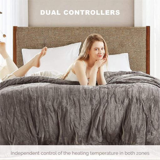Manta electrica California King Degrees of Comfort con controles duales, manta electrica de gran tamano de franela para cama, apagado automatico, lavable a maquina - Gris, 100Wx90L - Imagen 5