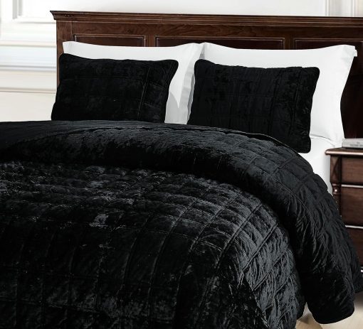 Set de Colcha de Terciopelo Negro Chezmoi Collection Piers Oversized King, Juego de 3 Piezas de Ropa de Cama de Terciopelo Difuso Lujoso y Ligero para Todas las Estaciones - Reverso de Microfibra Cepillada con Doble Costura Cuadrada - Imagen 3