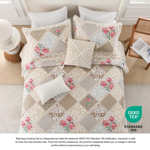 Colcha de Cama Floral Extra Grande King 128"x120" - 100% Algodon Reversible Colcha California King con 2 Fundas de Almohada, Colcha de Cama King Ligera, Marron, Cal King - Imagen 4
