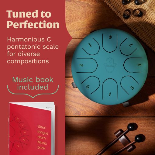 ZERBEAT Steel Tongue Drum 6 Pulgadas, 8 Notas Tambor de Acero + Soporte unico, Baquetas, Puas de Dedo, Bolsa, Amigable para Principiantes y Adultos | Instrumentos Musicales Espirituales. (Azul Lago - con soporte) - Imagen 4