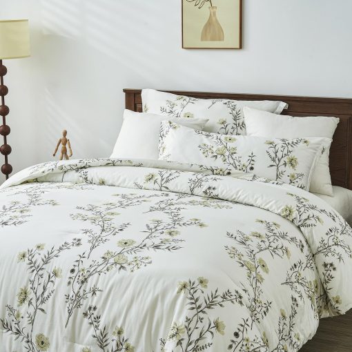 Juego de edredon tamano King PANGUSHAN, juego de ropa de cama de felpa floral de algodon para cama King, todas las estaciones, 3 piezas, blanco - Imagen 7