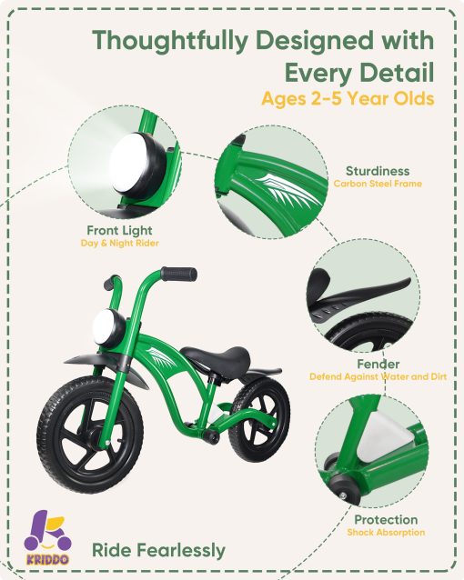 Bicicleta de Equilibrio para Ninos KRIDDO de 2 a 5 Anos, con Luz Delantera, Llantas Mejoradas para Todo Tipo de Terreno, Rodamientos Mejorados para un Paseo Suave y Estable, Guardabarros Delanteros y Traseros, Asiento Ajustable, Verde - Imagen 4