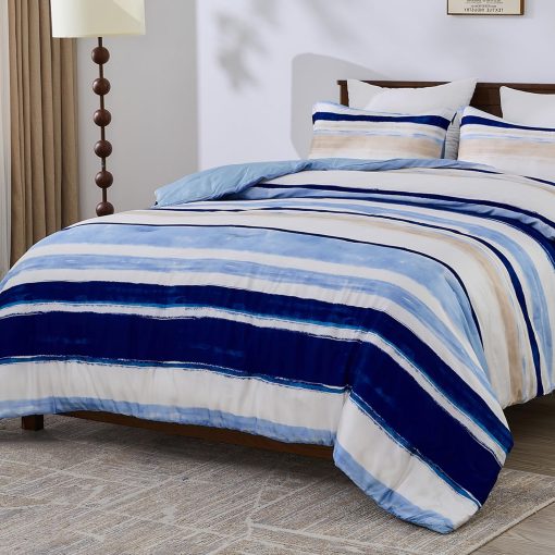 Juego de ropa de cama de lujo Finlonte King - Edredon Queen de Lyocell algodon, edredon acolchado a rayas acuarela, edredon azul moderno para todas las estaciones, 3 piezas, 104"x90"