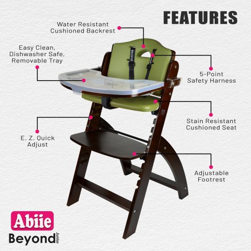 Silla alta convertible de madera Abiie Beyond Junior para bebes y ninos pequenos. Silla alta ajustable 3 en 1 con bandeja desmontable, facil de limpiar, portatil. De 6 meses hasta 250 libras. Madera caoba / Cojin oliva - Imagen 2