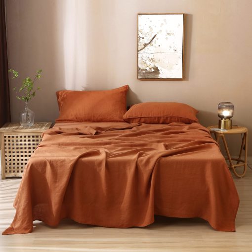 Juego de Sabanas 100% Lino Frances Organico S VICTORY SYMBOL en Caramelo, Certificado GOTS Piedra Lavada 3 Piezas Juego de Cama Boho, Transpirable y Duradero (Tamano Individual)