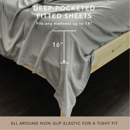 Juego de Sabanas Cal King de 4 Piezas Bamboo Bay - Juego de Sabanas de Bambu 100% Viscosa - Sabanas Ultra Suaves para Dormir Caliente - Ajuste de hasta 16" de Bolsillo Profundo - Gris Claro - Imagen 2
